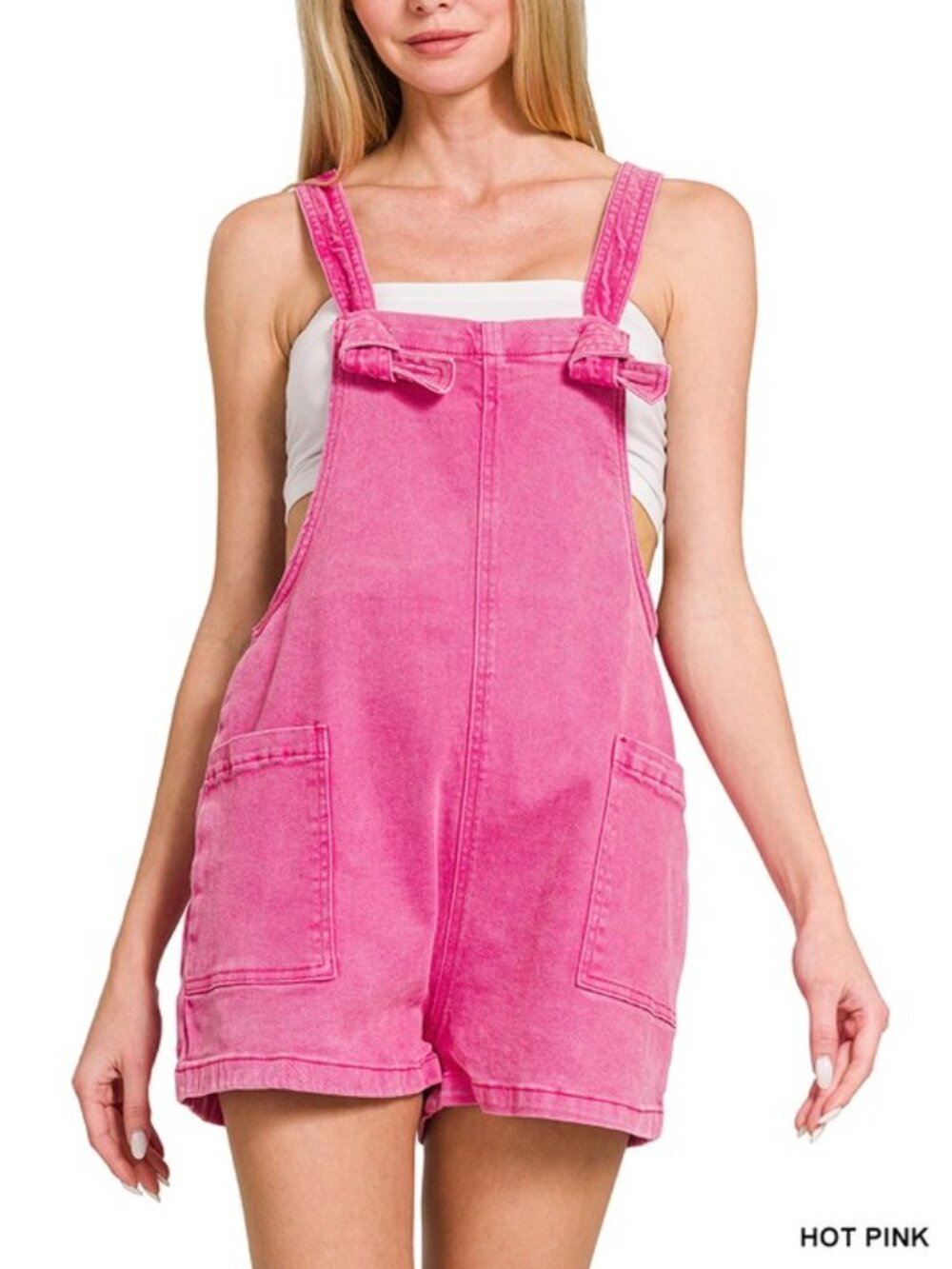 NWT Zenana Mineral Washed Knotted Strap Romper - Hot Pink Size Small